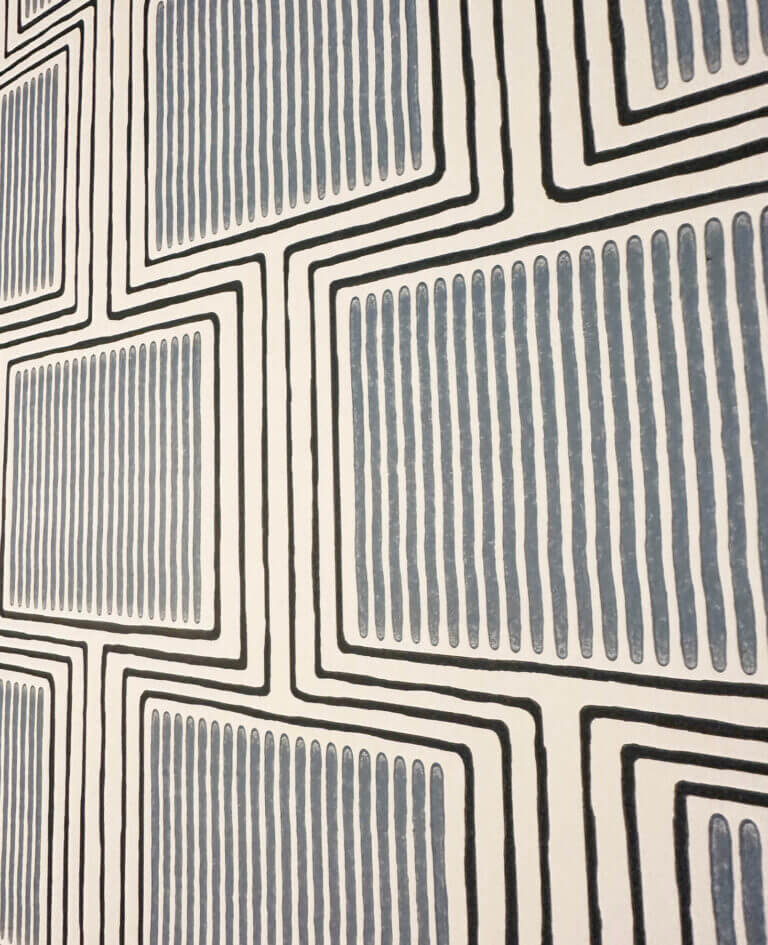 Zak & Fox Ntaa pattern wallpaper in a blue colorway, inspired by geometric African designs, for a kids’ bathroom in a Vermont interior design project.