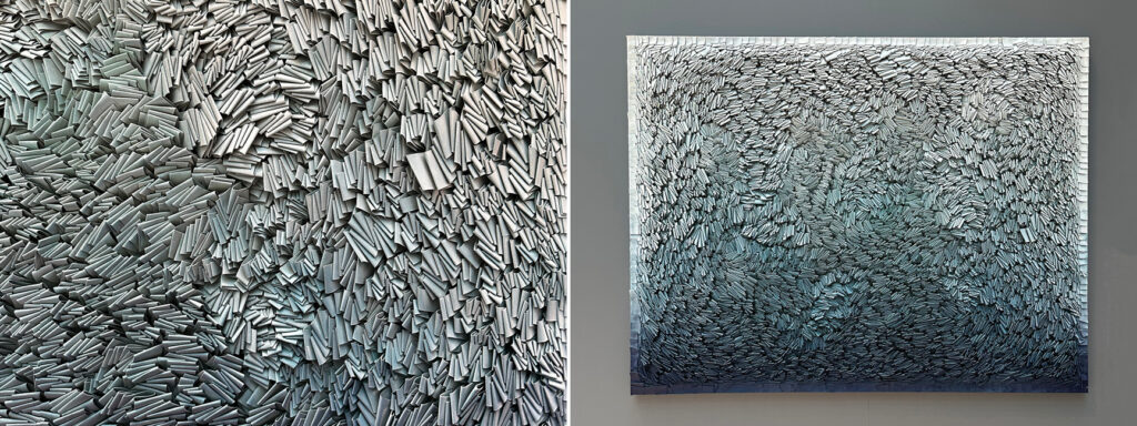 Emerging artist Rodrigo Franzão's textile artwork at Hearst Tower gallery, part of NYC interior design inspiration.