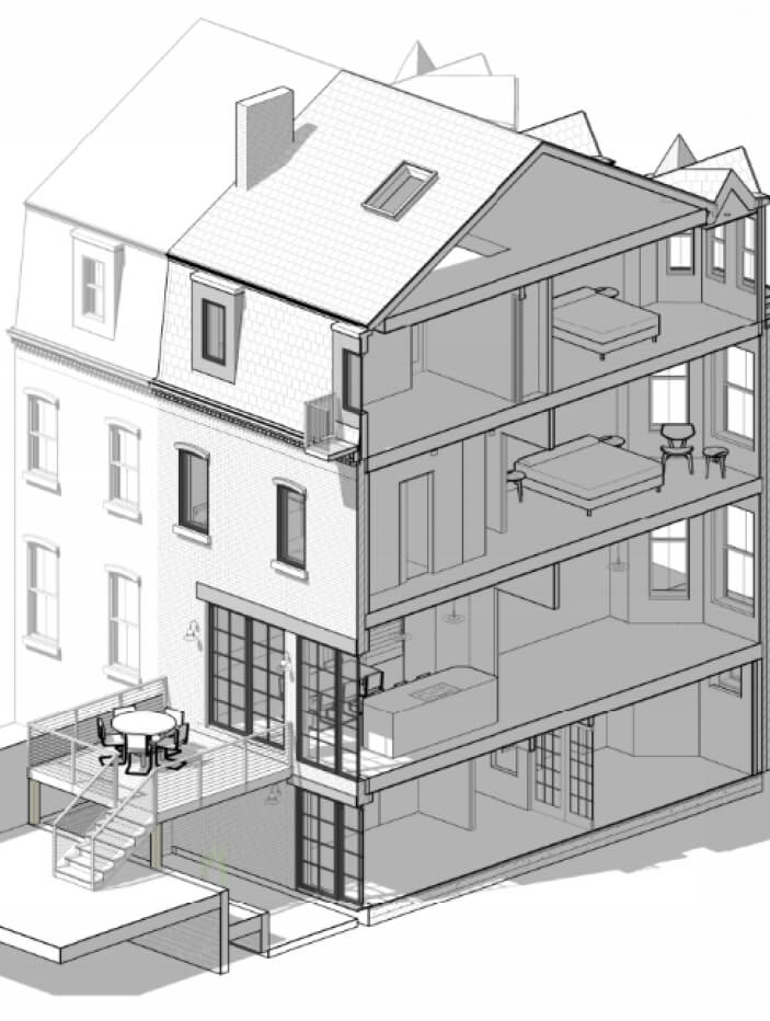 Boston brownstone renovation featuring architect Owen Thomas’s 3D renderings of the brownstone’s rear façade transformation, showing oversized windows and new doors connecting the dining room to the deck.