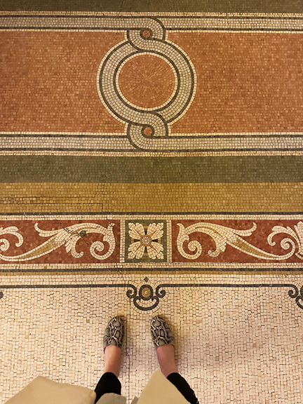 Stone mosaic floor at NYC’s Park Plaza Hotel, a source of NYC interior design inspiration with rich texture and historic character.