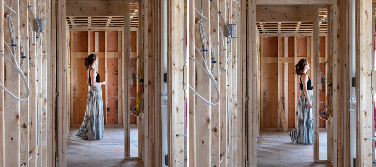 Interior designers in Boston onsite reviewing framing and electrical—key differences of interior designer versus interior decorator clearly shown at construction.