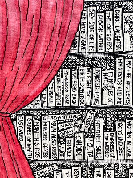 Lisa Anne Auerbach’s Illicit Library artwork on view at Hearst Gallery in NYC—an inspiring piece for NYC interior design inspiration.