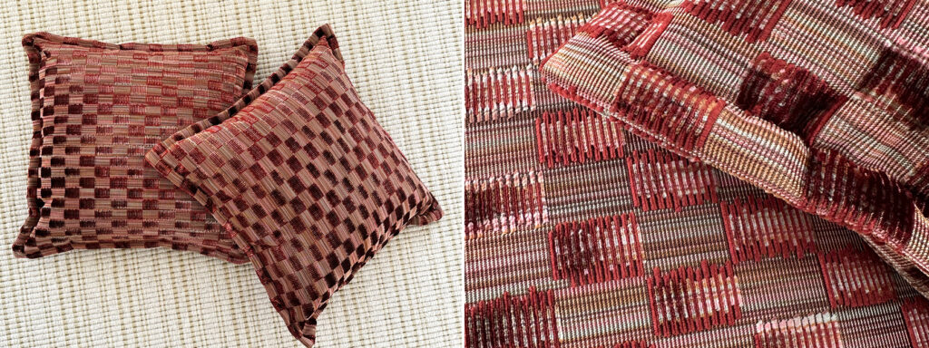 Luxury Upholstery Custom Pillows pair made from Pierre Frey Saqqarah cut velvet fabric in rich maroon and pink shades.
