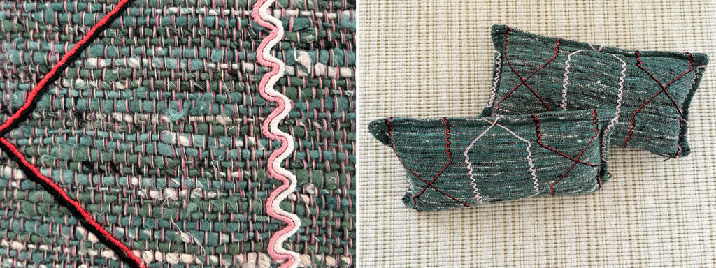 Small custom throw pillows featuring Pierre Frey Zebulon fabric in Eucalyptus linen, accented by colorful embroidered details.