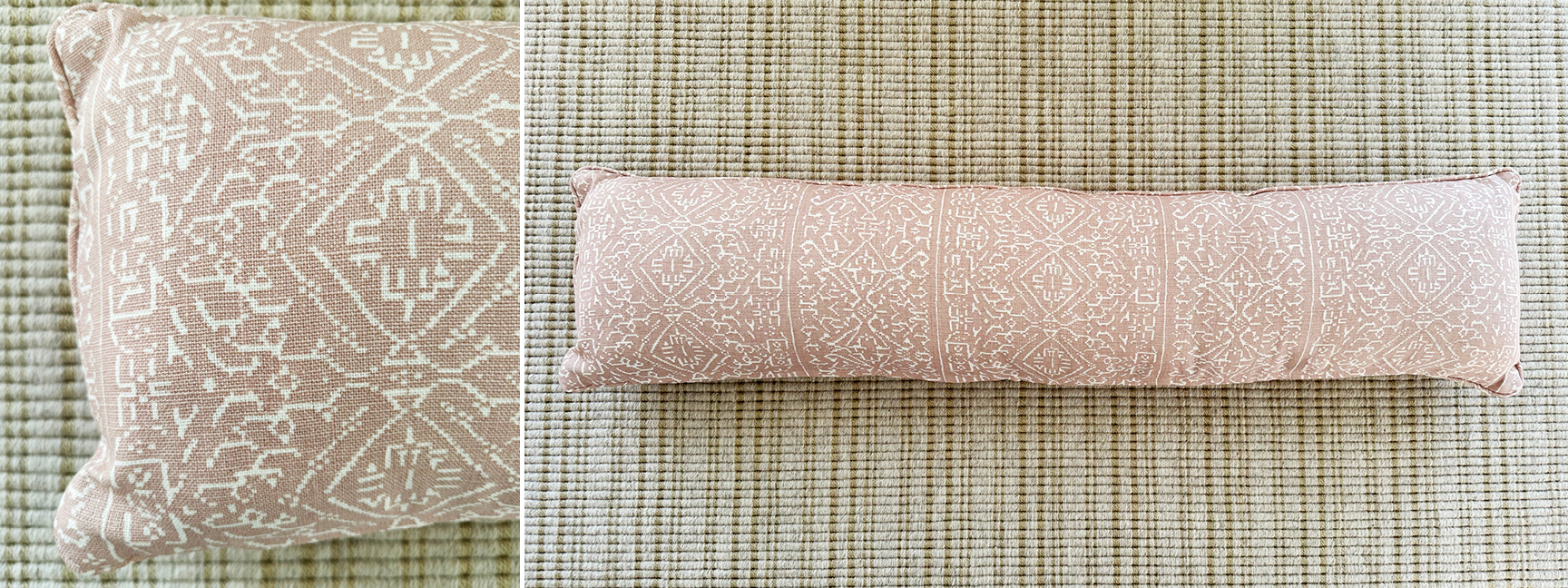 Luxury Upholstery Custom Pillows bedroom decor featuring Caroline Irving Siam fabric in Shell, a soft pink linen textile.