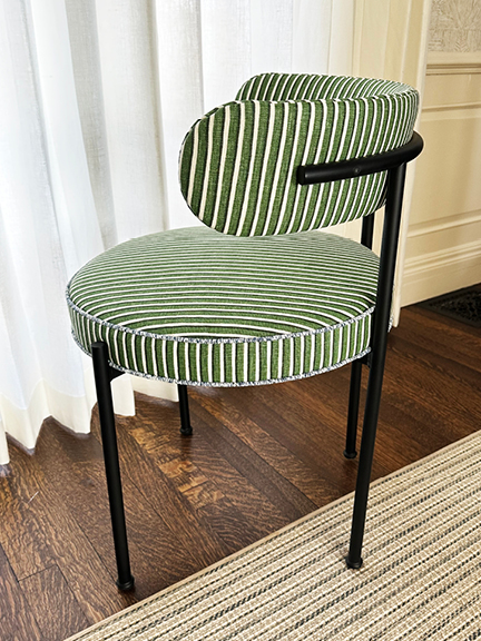 Luxury Upholstery Custom Pillows feature includes a small chair upholstered in Helene Blanche Forest stripe linen fabric.
