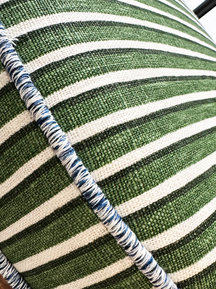 Luxury Upholstery Custom Pillows detail showing Helene Blanche Forest fabric with thin stripes and Samuel & Sons blue trim.