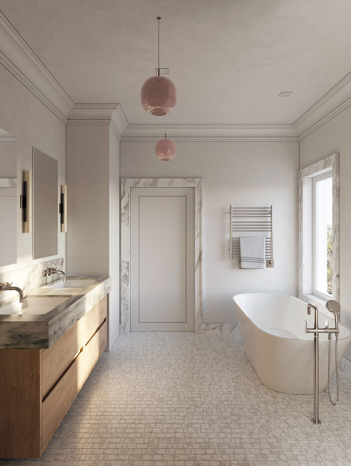 A primary bathroom with a freestanding tub, sleek wall-mounted vanities, mosaic flooring, a wall-mounted toilet, and curbless walk-in shower, accented by soft pink pendant lights