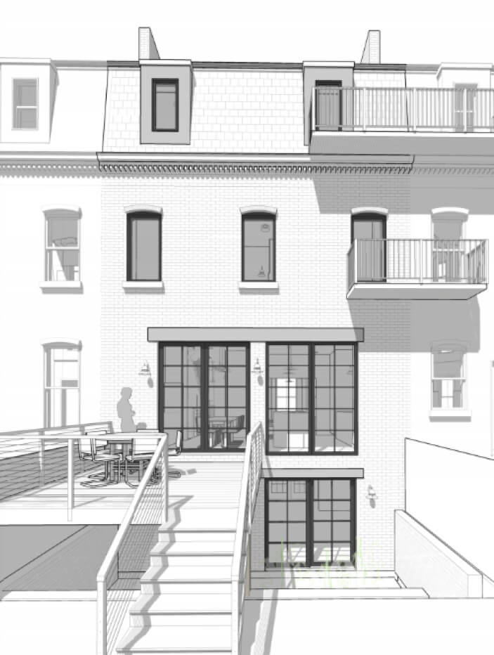 A 3D rendering of the brownstone’s rear façade transformation, showing oversized windows, new doors connecting the dining room to the deck, and visual consistency with the kitchen design.