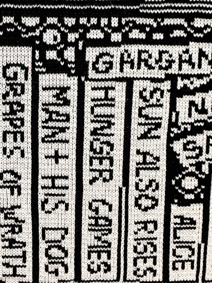 Close-up of Lisa Anne Auerbach’s Illicit Library knit artwork, featuring book titles and lettered detail—NYC interior design inspiration.