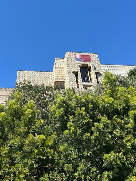 Frank Lloyd Wright’s Ennis House in Los Feliz, built in 1924 with Mayan-inspired concrete blocks and visionary LA architecture.