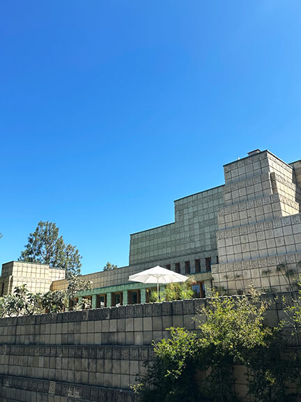 Frank Lloyd Wright’s textile block house in Los Angeles, California—geometric concrete design rooted in early 20th-century LA architecture.