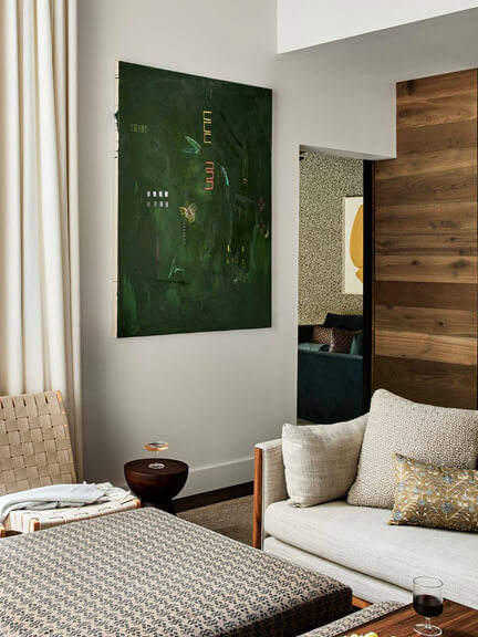 Ali Beletic fine art in a new Vermont home designed by a Boston interior designer, featuring contemporary art in a custom interior