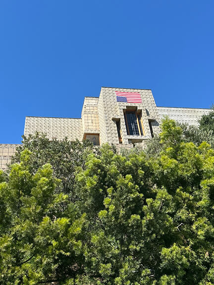 Frank Lloyd Wright’s Ennis House in Los Angeles, a textile block landmark known for its bold concrete architecture and historic presence