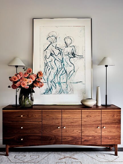 Art in interior design featuring figure drawing and handcrafted furniture in a new Vermont vacation home by a Boston interior designer