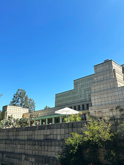 Textile block house in Los Feliz, featuring geometric concrete design seen on a postmodern architecture Los Angeles tour of historic homes