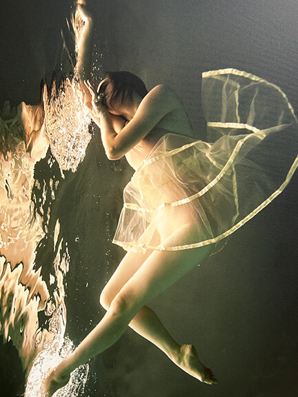 Underwater photography by Alyssa Fortin, part of her series shown at South Shore Art Center, highlighted by a Hingham interior designer