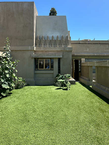 Mayan Revival concrete architecture at Hollyhock House, a historic home by Frank Lloyd Wright in Los Angeles