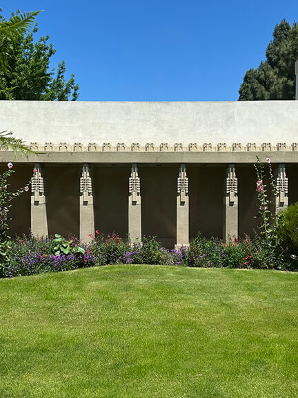Mayan Revival architecture by Frank Lloyd Wright at Hollyhock House, part of postmodern architecture Los Angeles tour