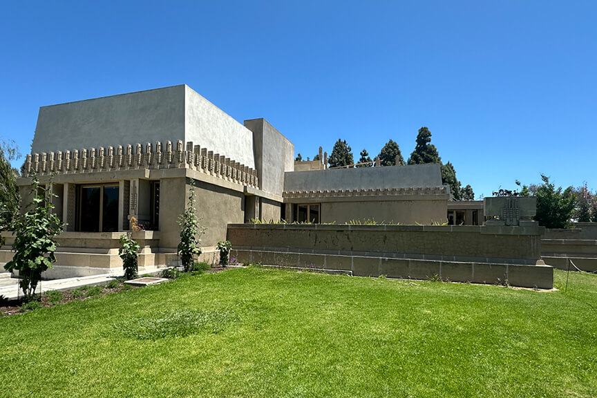 Concrete home with Mayan Revival design by Frank Lloyd Wright, featured in postmodern architecture Los Angeles tour