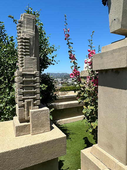 Landscape design with concrete towers at Frank Lloyd Wright’s Hollyhock House
