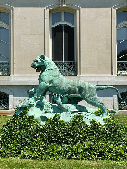 Bronze animal statues in the landscape and garden design at The Elms Newport mansion, a Gilded Age estate and HBO filming location.