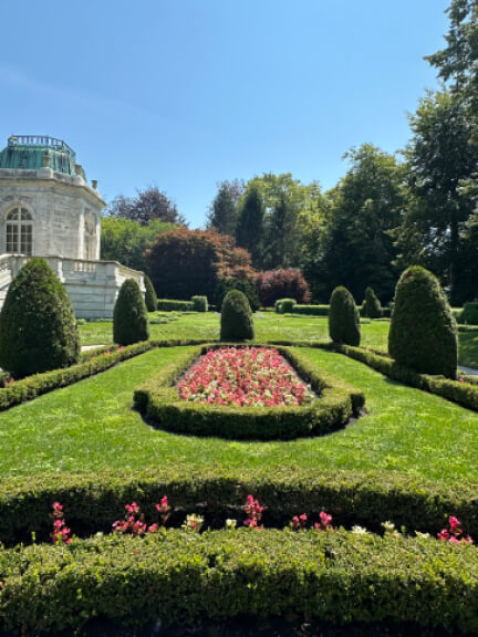 Classic French garden at the historic home in New England, part of the estate’s distinguished landscape design.