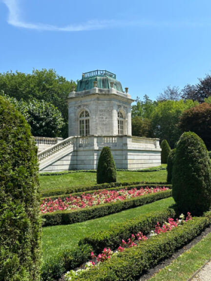 The Elms Newport Mansion classic French garden with a marble pavilion, a Newport estate and filming location for HBO’s The Gilded Age.