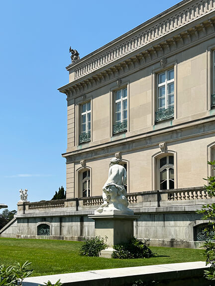 Filming location for HBO’s The Gilded Age, the French inspired chateau in Newport, Rhode Island known as The Elms mansion.