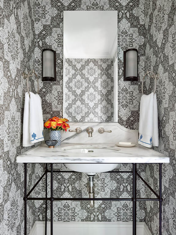 Powder room wallpaper, brownstone renovation project at Boston historic home design featuring classic details chosen during design development.