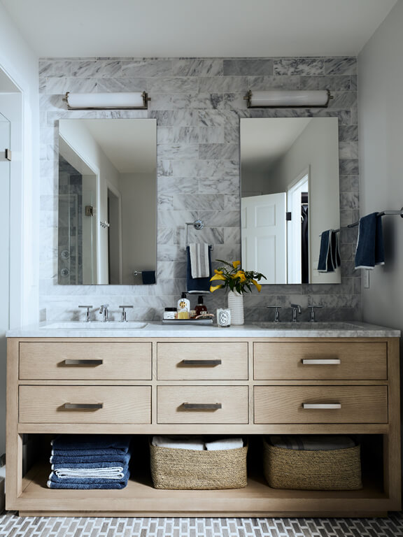 Bathroom renovation at historic home in Hingham South Shore interior designer showcasing refined selections from the design development phase.