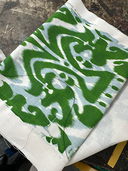 Christopher Farr Cloth Belfour printed fabric in green being produced in London.