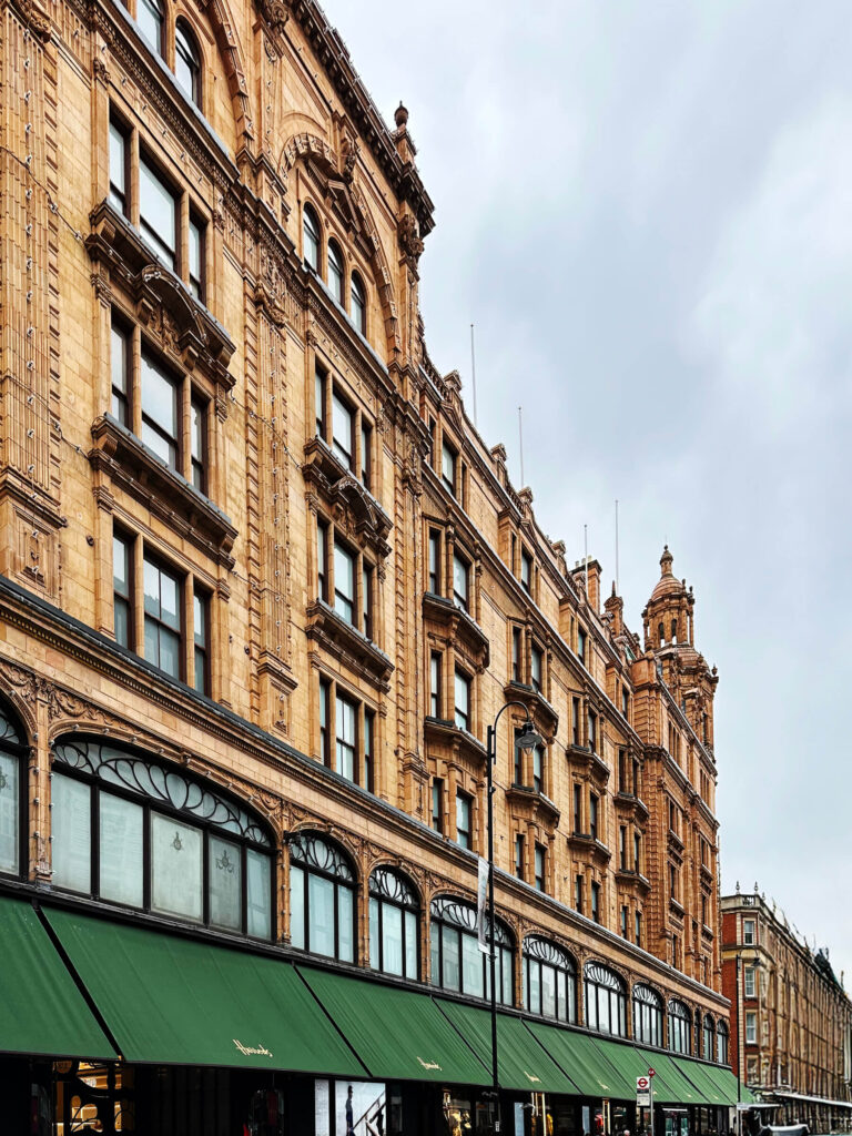 Harrods storefront in Knightsbridge, a classic destination for luxury retail in Eat Sleep Shop London.