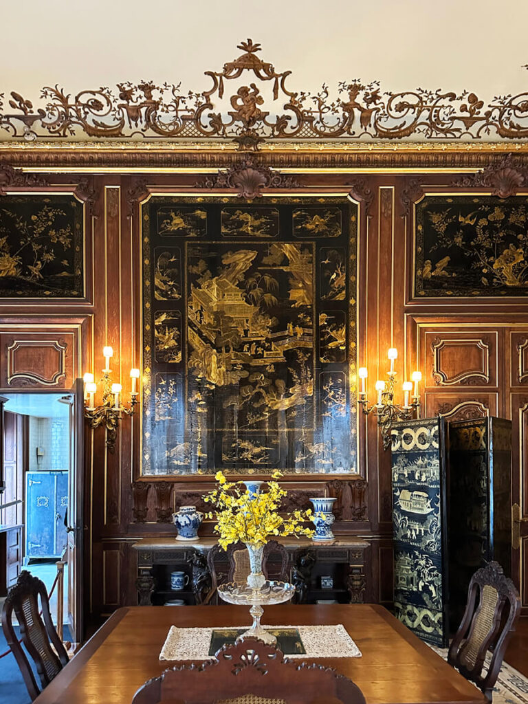 Historic black lacquer room at The Elms in Newport, Rhode Island, a rare and striking example of Gilded Age Interior Design.