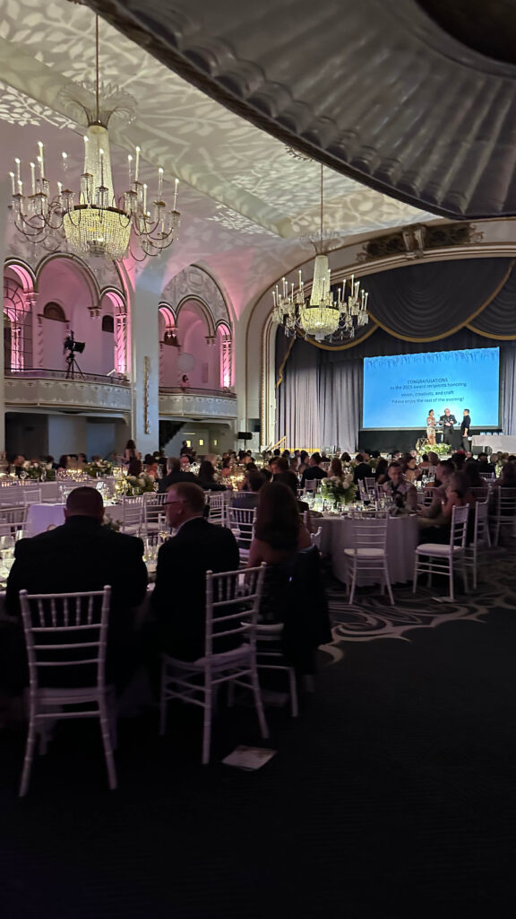 View of the event space at the Boston Park Plaza Hotel during the IFDA New England Interior Design Awards 2025 ceremony