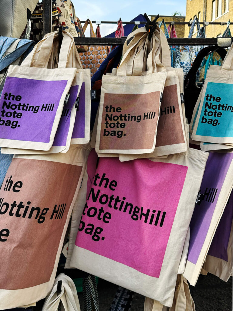Classic Notting Hill tote bag featuring London design and color, photographed for Eat Sleep Shop London.
