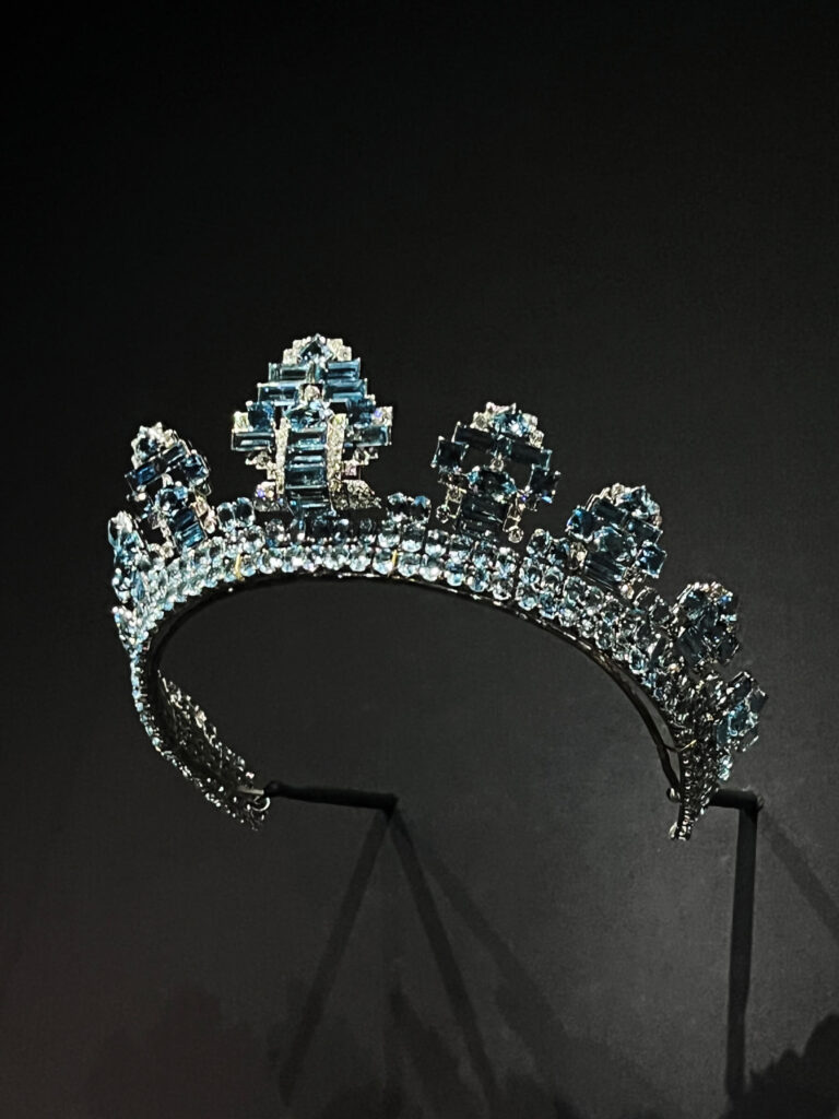 A 1937 Cartier aquamarine tiara with a detachable central brooch displayed in the Cartier Jewelry Exhibit.