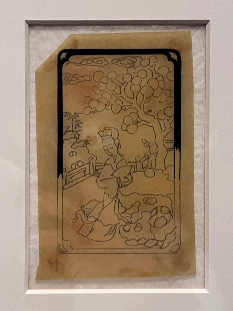 A Cartier sketch of a Chinese-inspired vanity case with lacquer-like motifs from the Cartier Jewelry Exhibit.