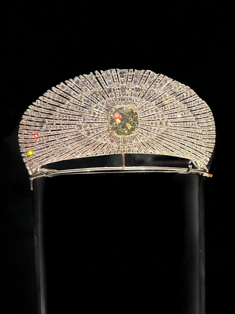 A classic Cartier tiara silhouette with elegant curves and diamond details from the Cartier Jewelry Exhibit.