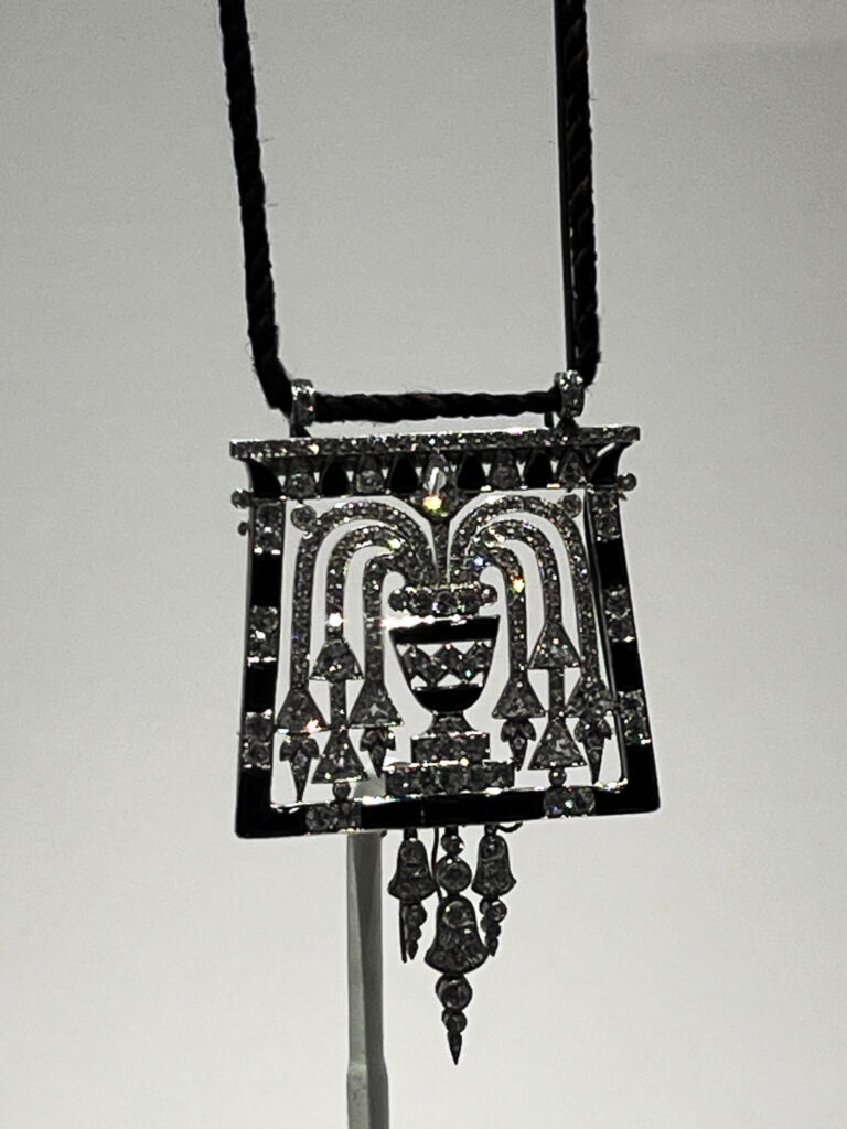 An Egyptian revival Cartier necklace from the 1920s with onyx and diamond detailing displayed in the Cartier Jewelry Exhibit.