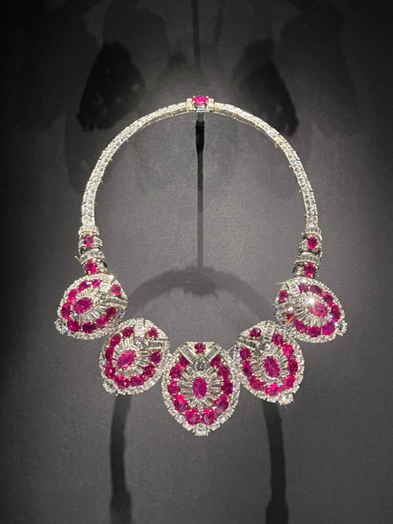 A Cartier ruby and diamond necklace from 1951 displayed in the Cartier Jewelry Exhibit.