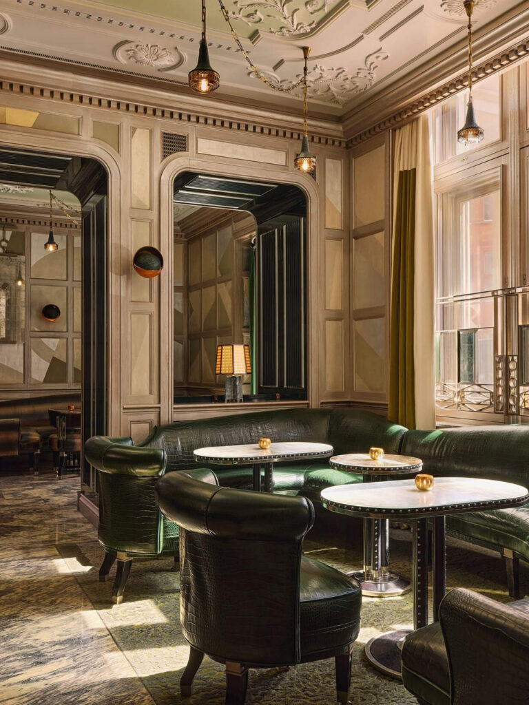 Traditional London interior design at classic hotel The Connaught with refined Mayfair restaurant design, shown in crafted London restaurant design.