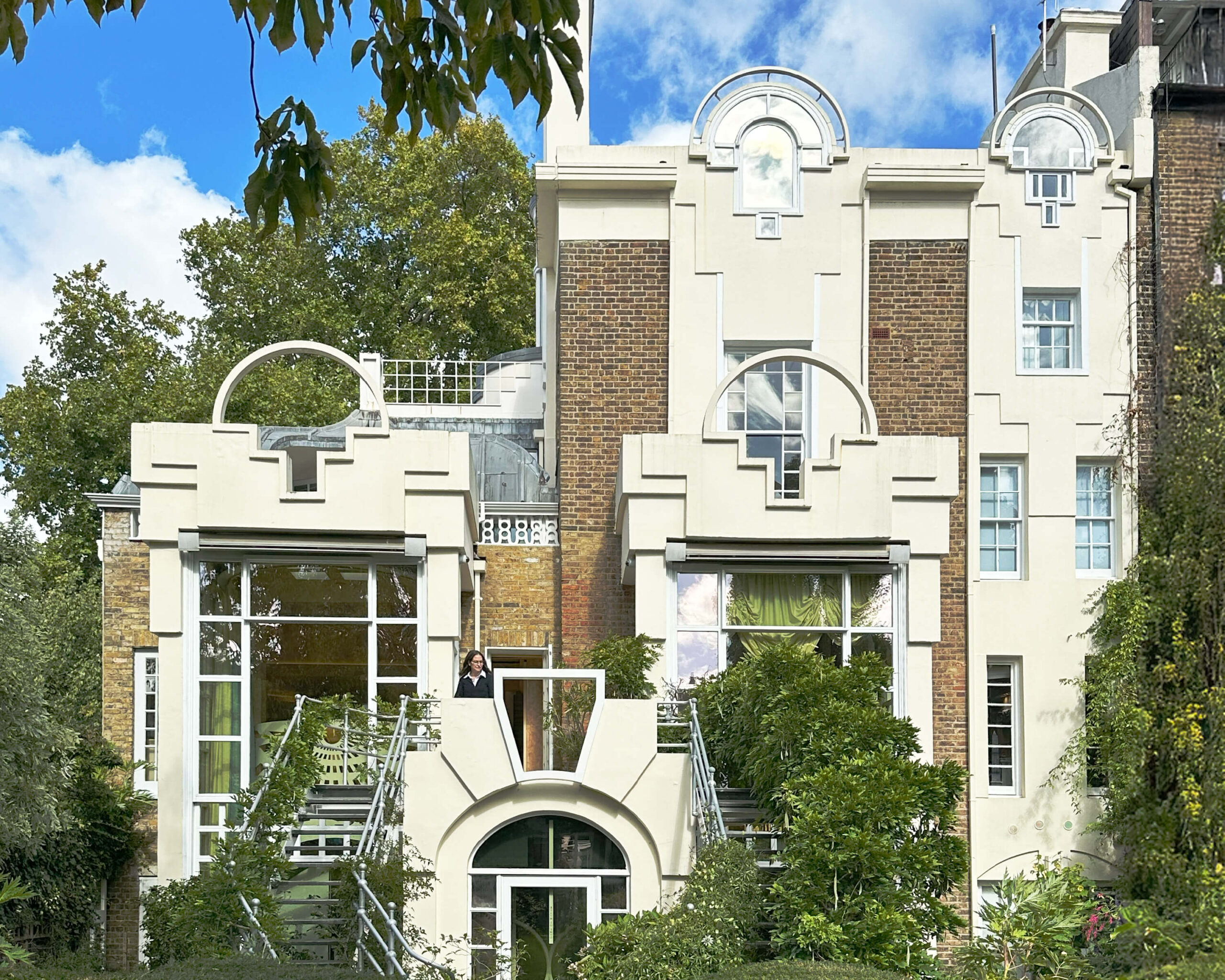 The Cosmic House London back exterior with geometric shapes showcasing unique postmodern architecture in Holland Park