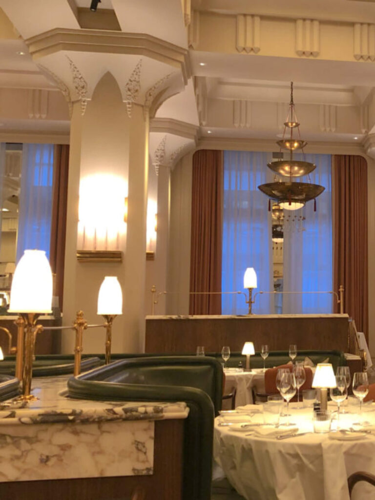 Art Deco restaurant design in London at Claridge’s hotel, where to eat and dine in Mayfair, shown in crafted London restaurant design.