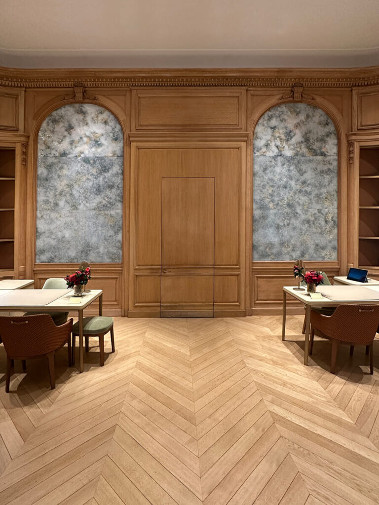 Custom chevron flooring study in a Gilded Age mansion interior on Fifth Avenue in New York City