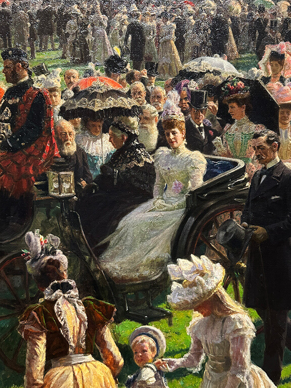 Edwardian Art Buckingham Palace close-up detail from Laurits Tuxen’s 1897 garden party painting displayed at the King’s Gallery in London.