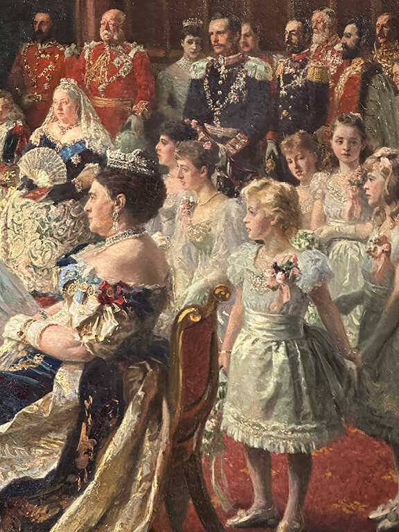 Close-up of George and Mary’s marriage painting by Laurits Tuxen displayed at the King’s Gallery in London.