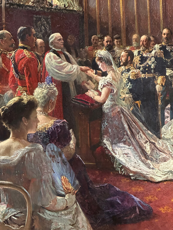 Laurits Tuxen painting depicting the royal marriage of George and Mary in a crowded ceremonial interior.