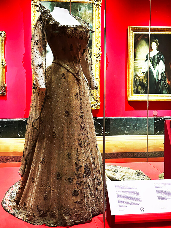 Edwardian Art Buckingham Palace Queen Alexandra’s 1902 coronation dress displayed in the King’s Gallery exhibition.