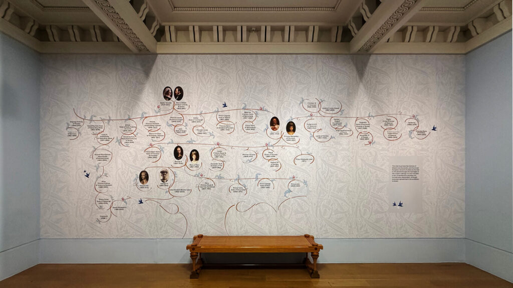 Edwardian Art Buckingham Palace royal family tree wall installation displayed inside the King’s Gallery.